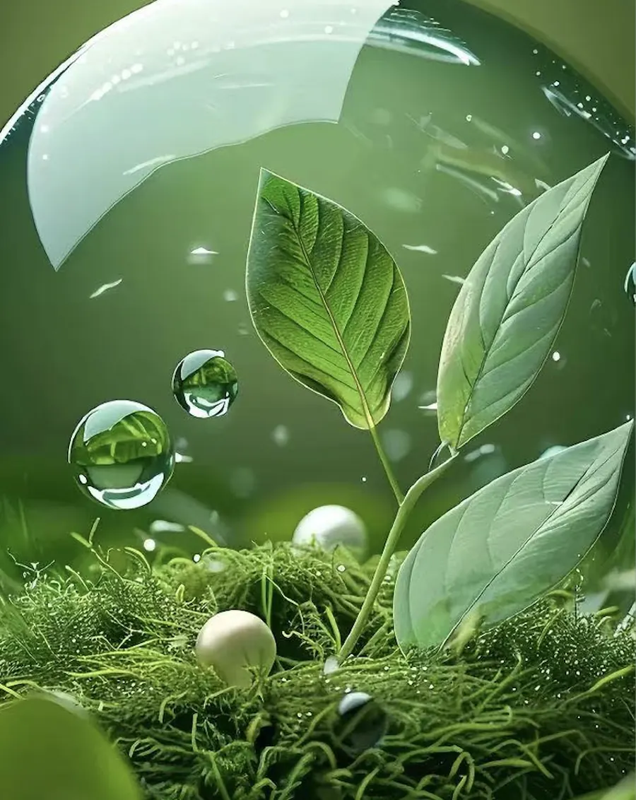Fresh leaves in a glass sphere — purity and nature